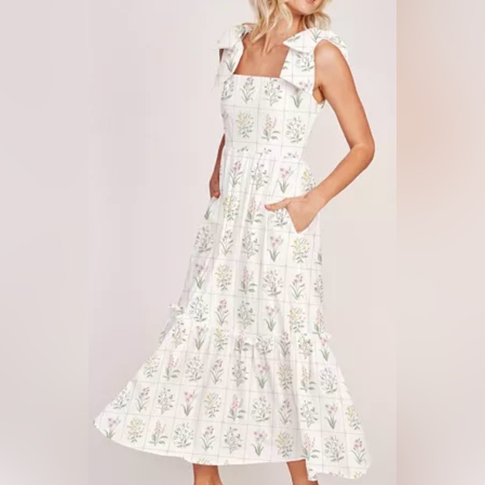 White Floral Maxi Dress with Square Neck and Ruffle Straps
